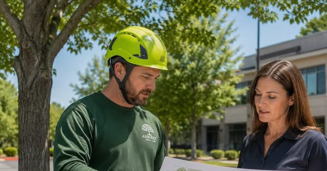 Arborist reviewing a commercial tree maintenance plan with a South Carolina property manager