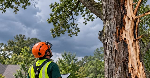Image Alt Text: Arborist assessing a lightning-damaged tree in Lexington, SC